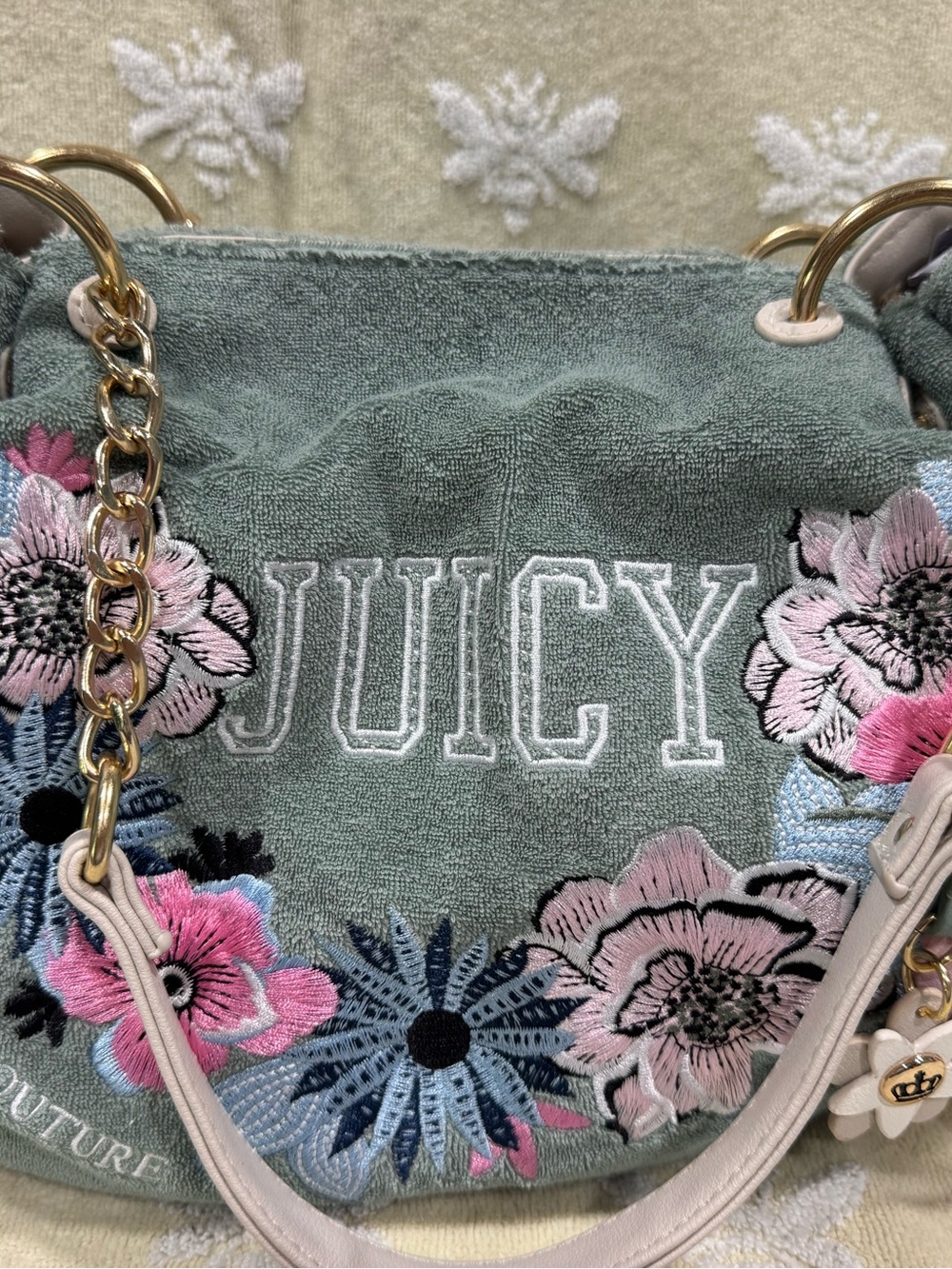 Juicy Couture Sage Green Embroidered Floral Shoulder Bag—Retro Bloom scoop-NWT